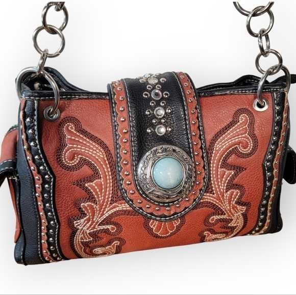 P & G COLLECTION Brown Western Shoulder Bag Embellished Studded - Picture 1 of 17